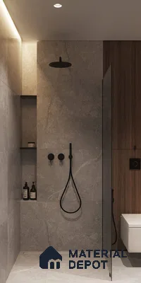 A bathroom with a large tub in the middle of a bathroom next to a wooden stool and wooden stool in a white wall next to a wooden table and white wall with black counter top of a white
